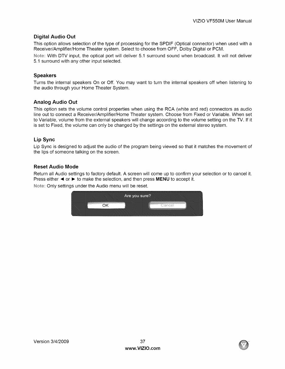 Digital audio out, Speakers, Analog audio out | Lip sync, Reset audio mode | Vizio VF550M User Manual | Page 37 / 57