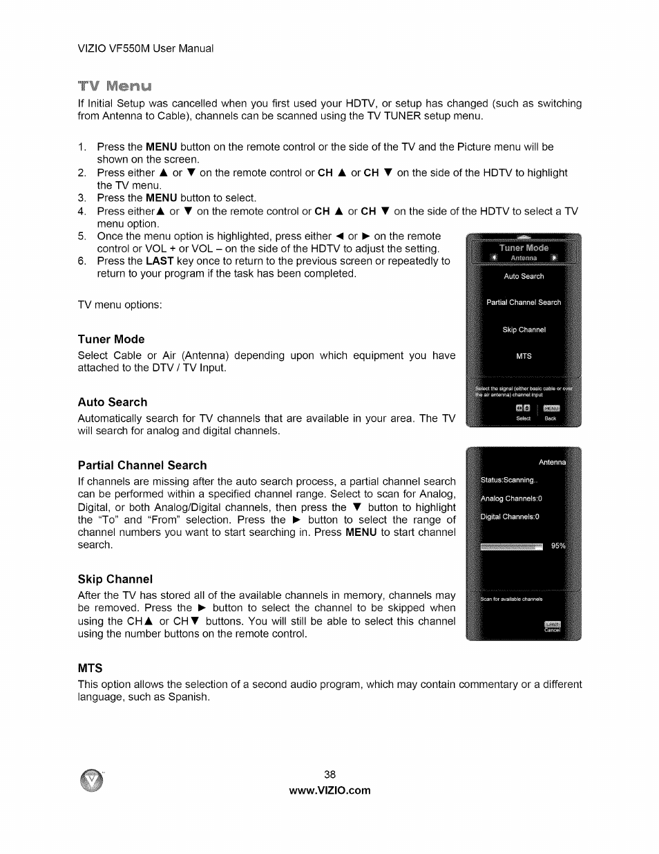 Rv menu, Tuner mode, Auto search | Partial channel search, Skip channel, Menu | Vizio VF550M User Manual | Page 38 / 57