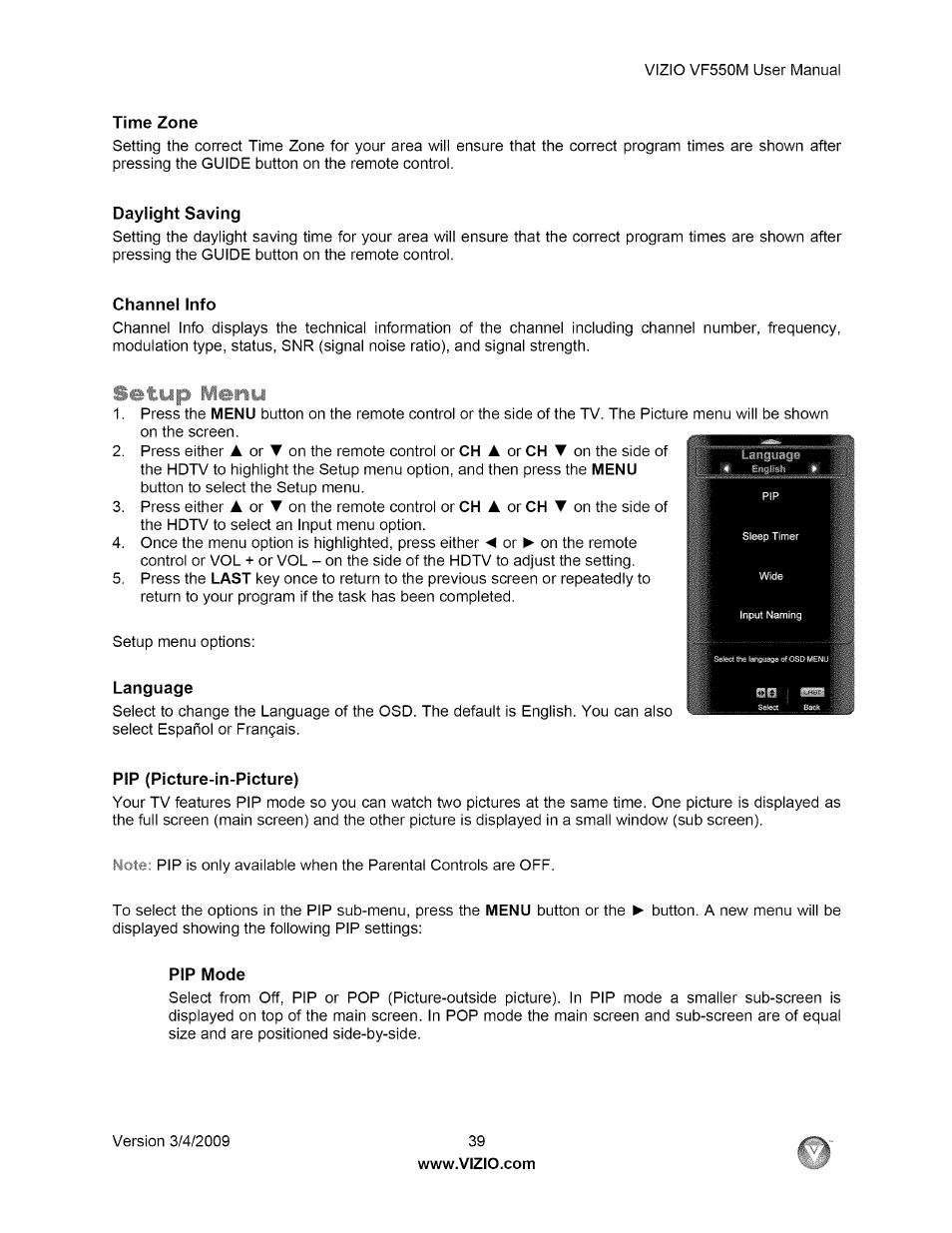 Time zone, Daylight saving, Channel info | Language, Pip (picture-in-picture), Pip mode, Daylight saving channel info, Language pip (picture-in-picture), Setup menu | Vizio VF550M User Manual | Page 39 / 57