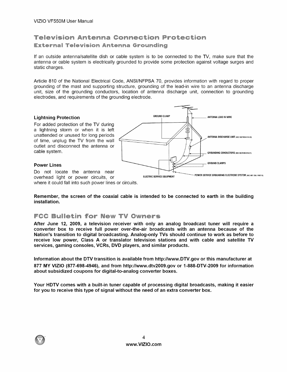 Relewision antenna connection protection, L l illetin .. ' .li i | Vizio VF550M User Manual | Page 4 / 57