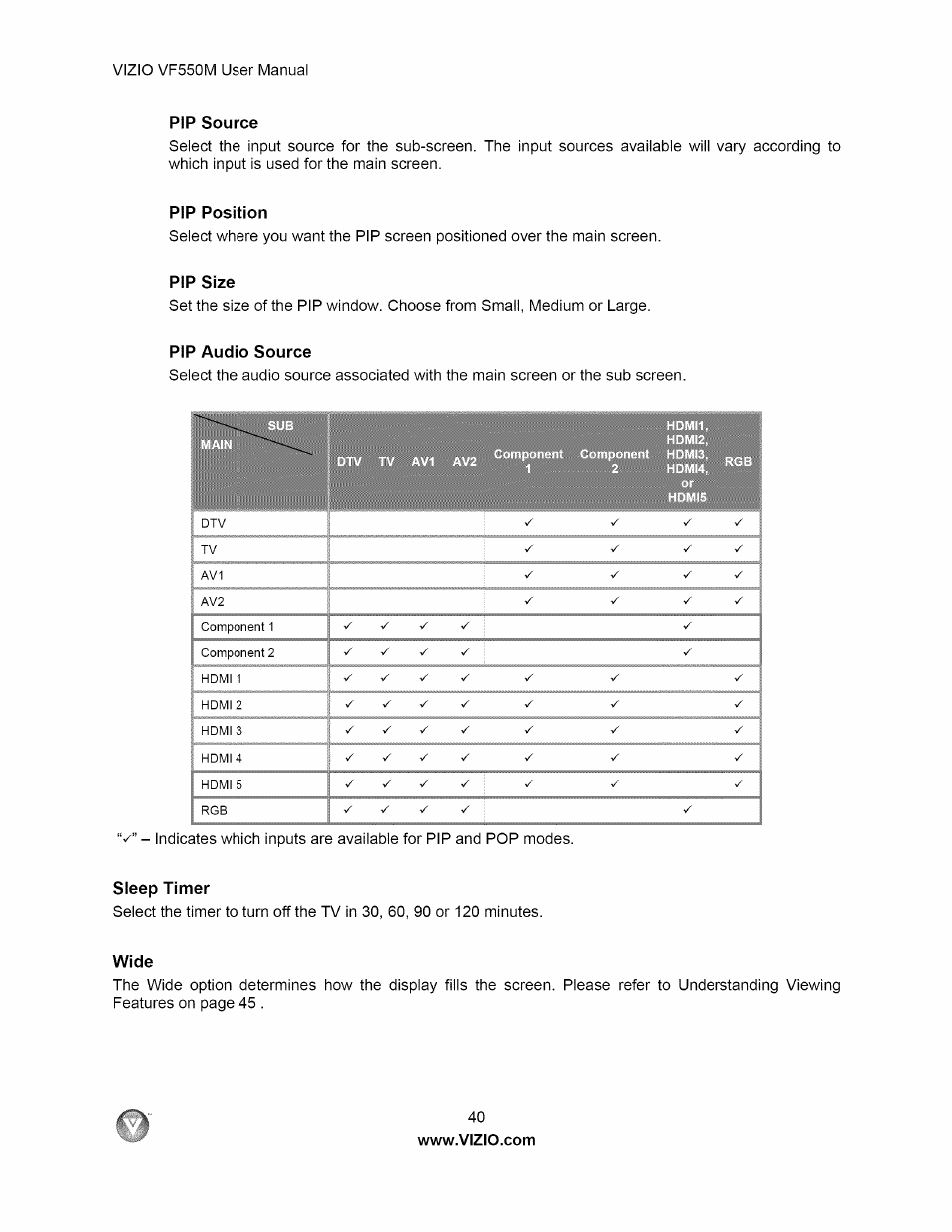 Pip position, Pip size, Pip audio source | Sleep timer, Wide, Pip source | Vizio VF550M User Manual | Page 40 / 57