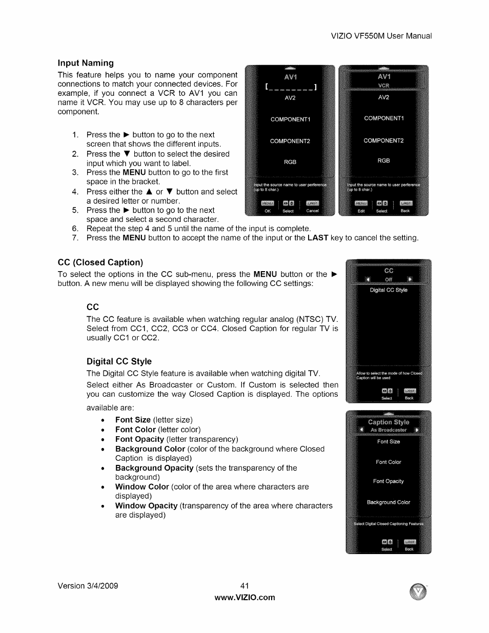 Input naming, Cc (closed caption), Digital cc style | Vizio VF550M User Manual | Page 41 / 57