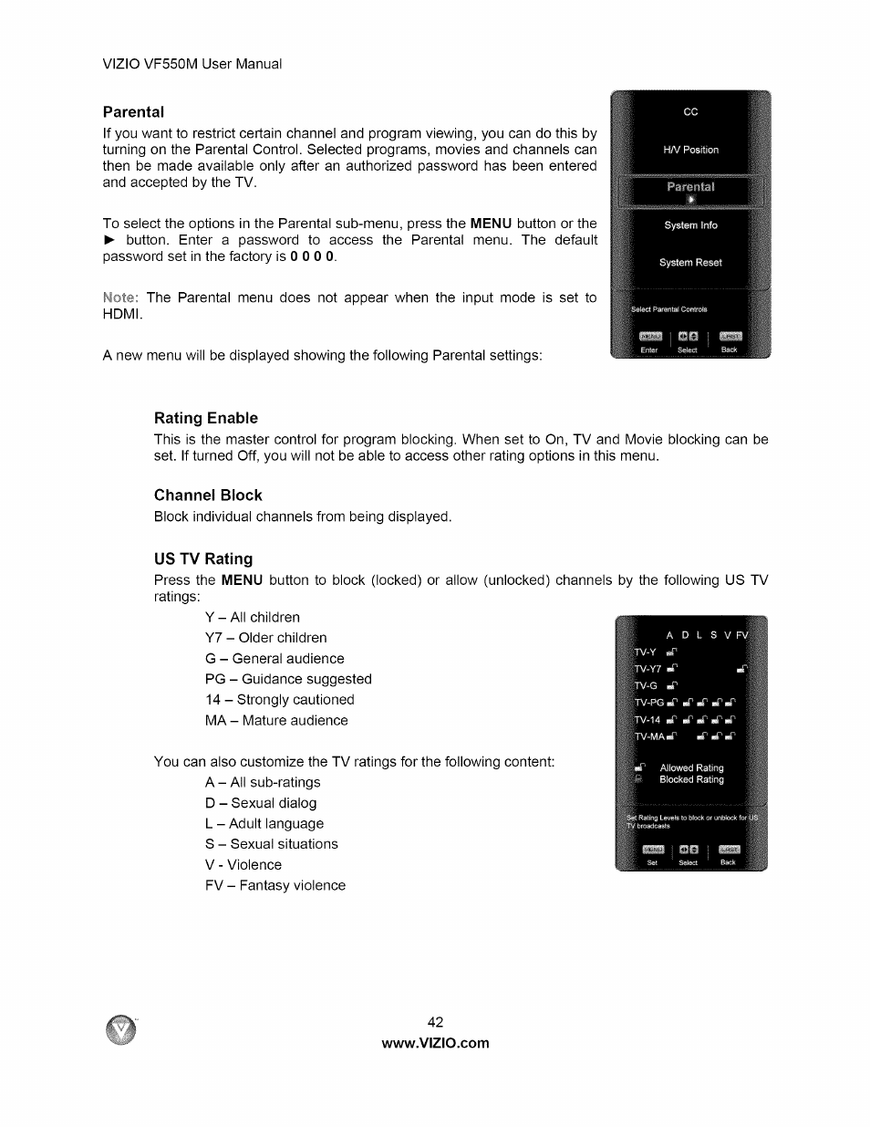 Parental, Rating enable, Channel block | Us tv rating | Vizio VF550M User Manual | Page 42 / 57