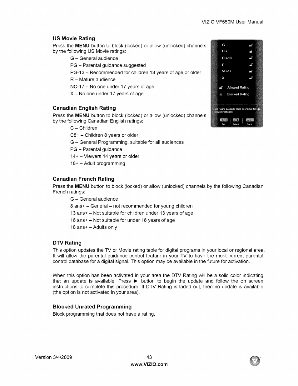 Us movie rating, Canadian english rating, Canadian french rating | Dtv rating, Blocked unrated programming | Vizio VF550M User Manual | Page 43 / 57