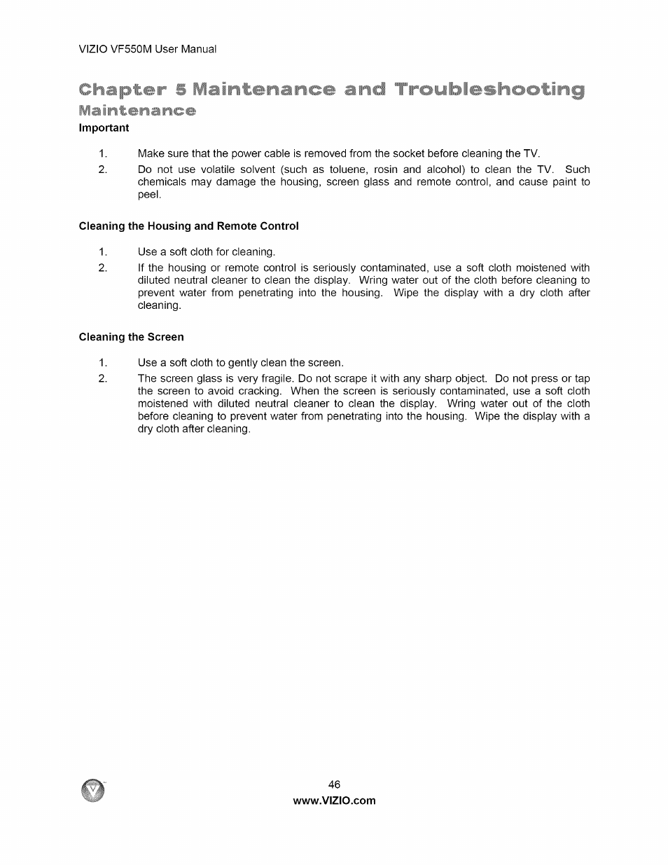 Llaintenance, Maintenance | Vizio VF550M User Manual | Page 46 / 57