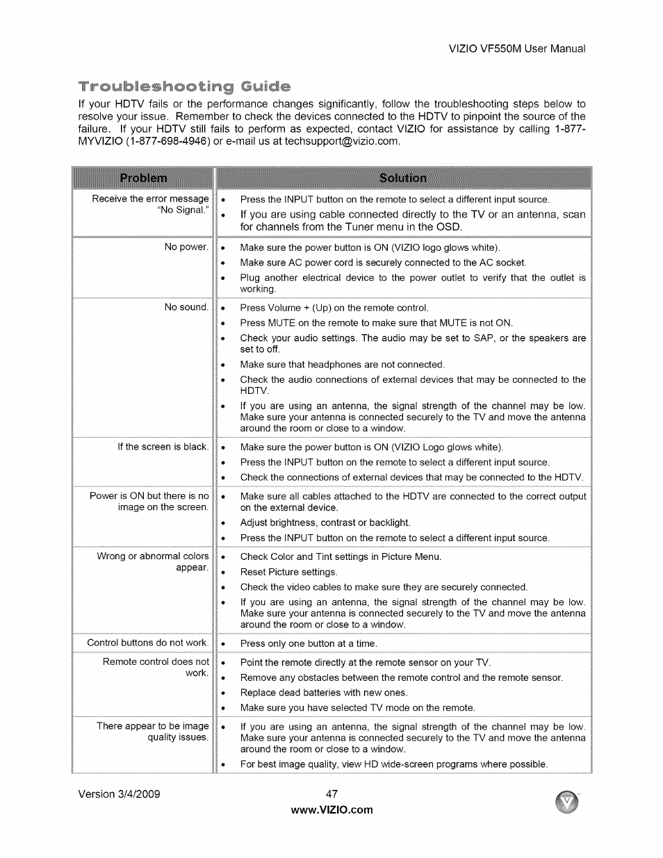 Froubleshocitlng guide, Solution, Troubleshooting guide | Vizio VF550M User Manual | Page 47 / 57