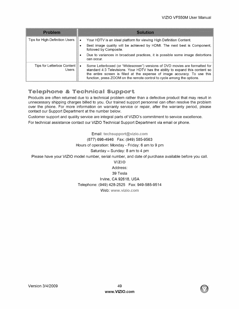 Solution, Felephone » technical support, Telephone & technical support | Vizio VF550M User Manual | Page 49 / 57