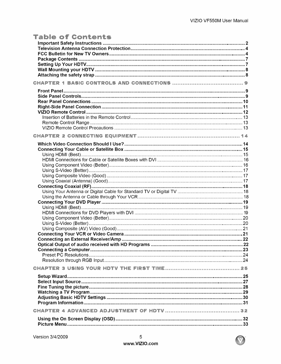 Table off content, R , , r | Vizio VF550M User Manual | Page 5 / 57