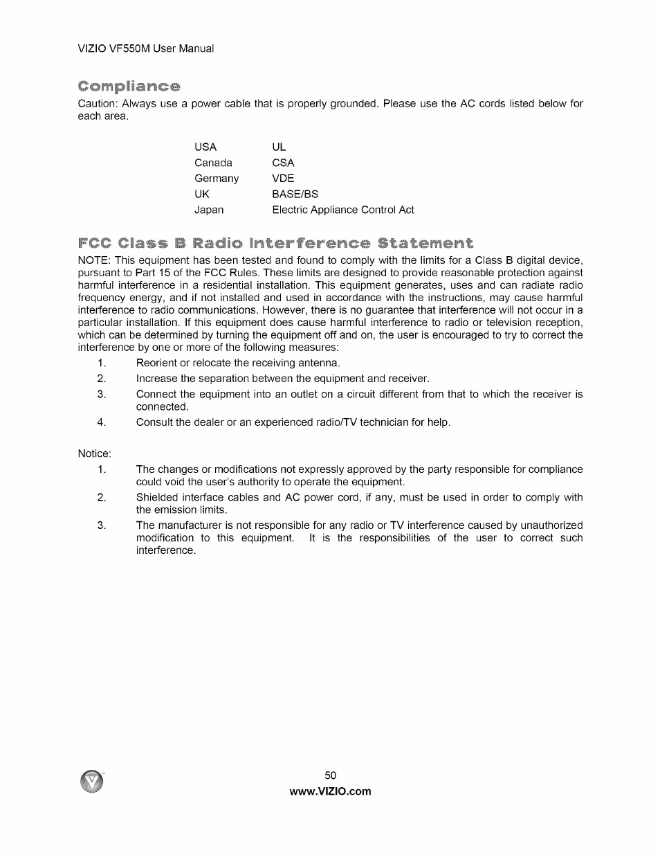 Compliance | Vizio VF550M User Manual | Page 50 / 57