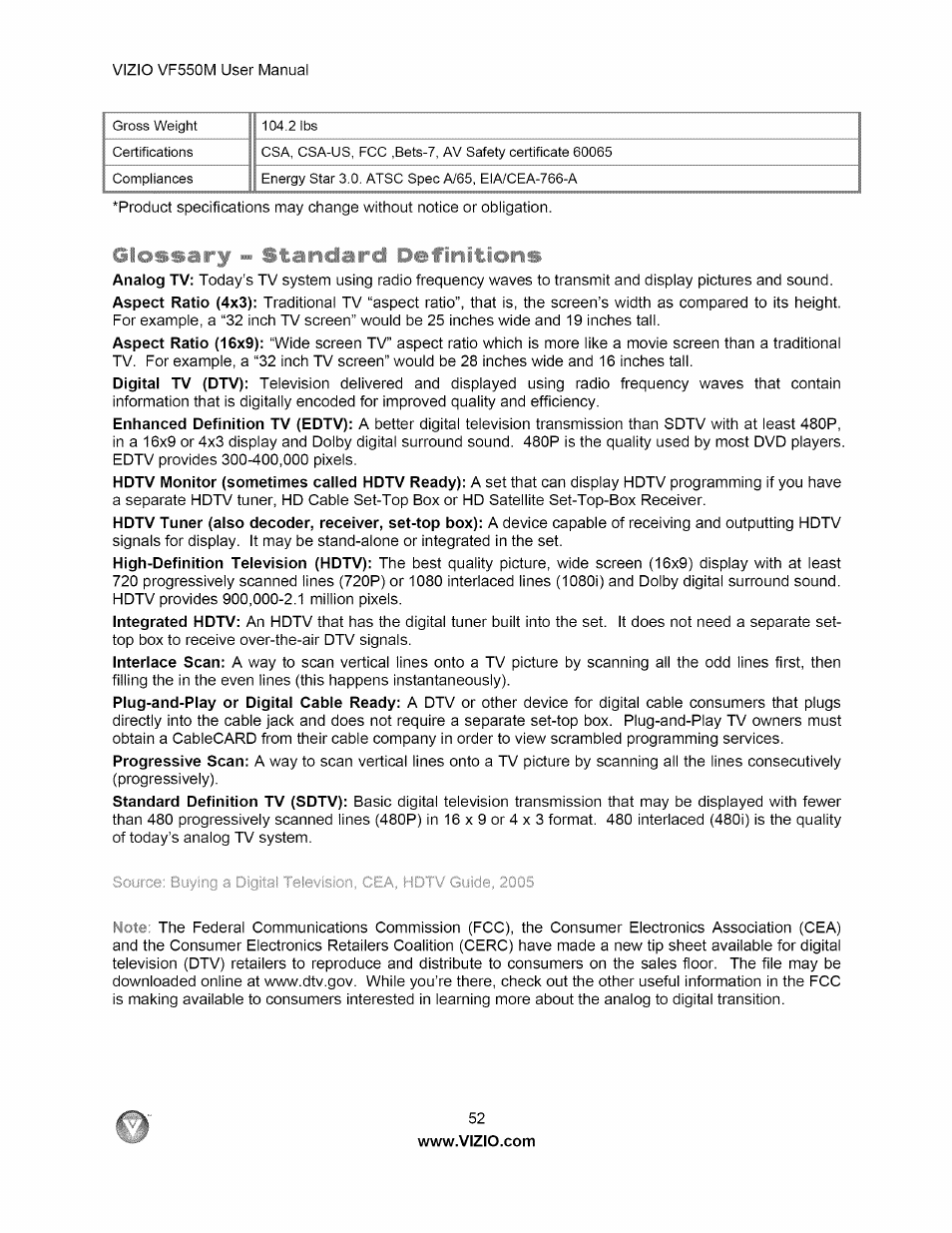 Glossary - standard definitions | Vizio VF550M User Manual | Page 52 / 57