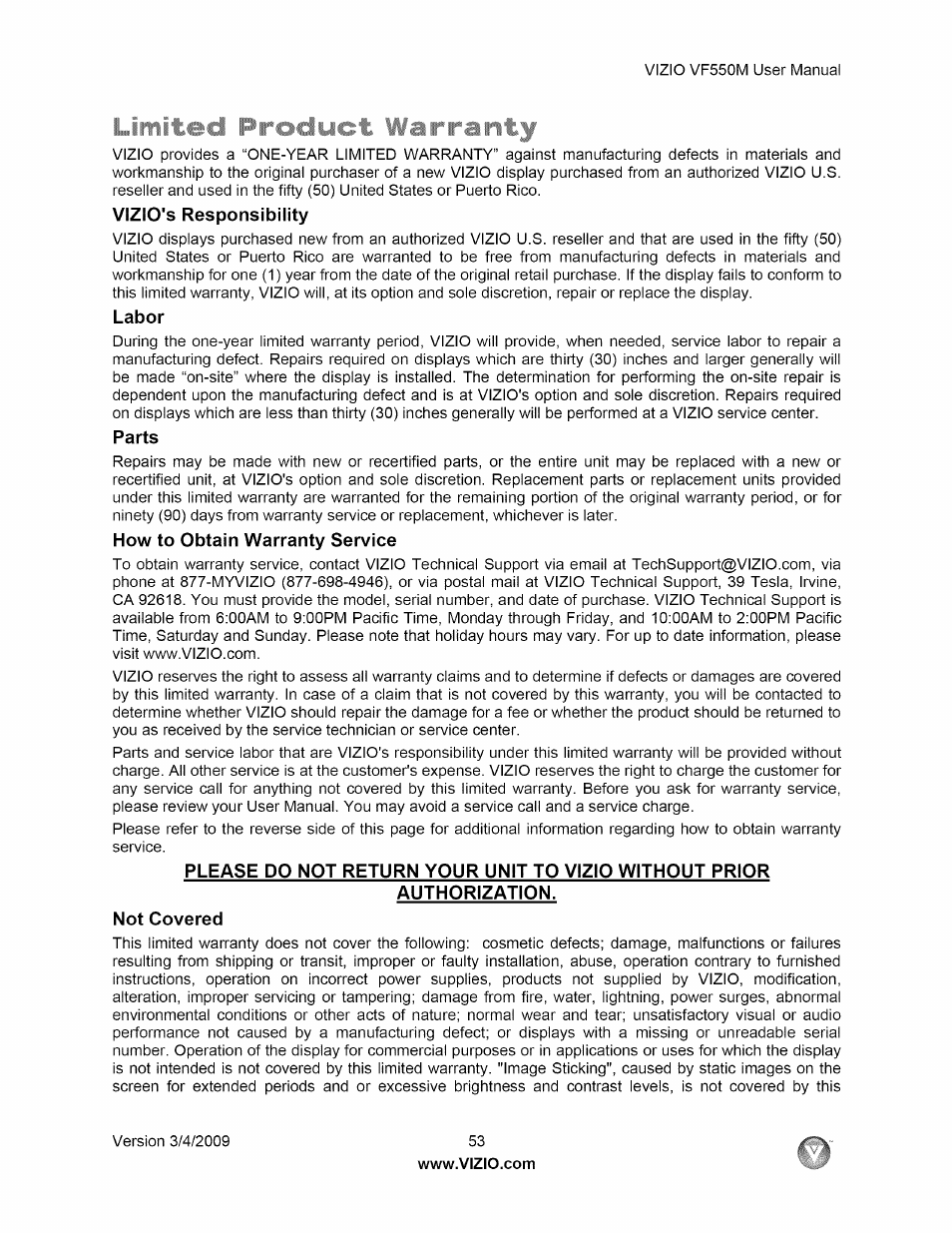 Vizio's responsibility, Labor, Parts | How to obtain warranty service, Authorization, Not covered | Vizio VF550M User Manual | Page 53 / 57