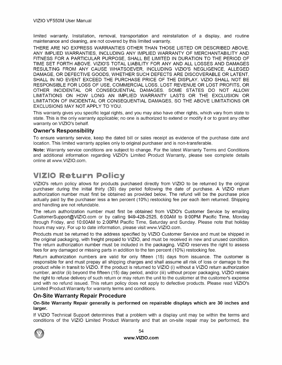 Owner's responsibility, On-site warranty repair procedure, Wizio return policy | Vizio VF550M User Manual | Page 54 / 57