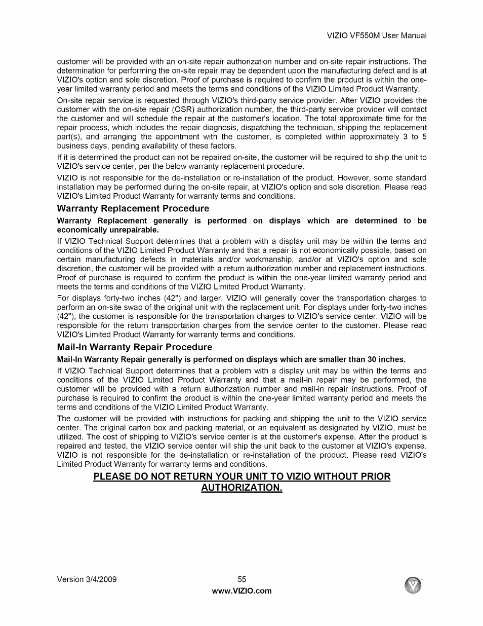 Warranty replacement procedure, Mail-in warranty repair procedure, Authorization | Vizio VF550M User Manual | Page 55 / 57