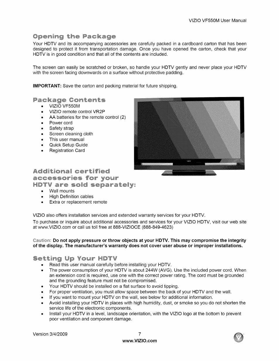 Opening the package, Package contents | Vizio VF550M User Manual | Page 7 / 57