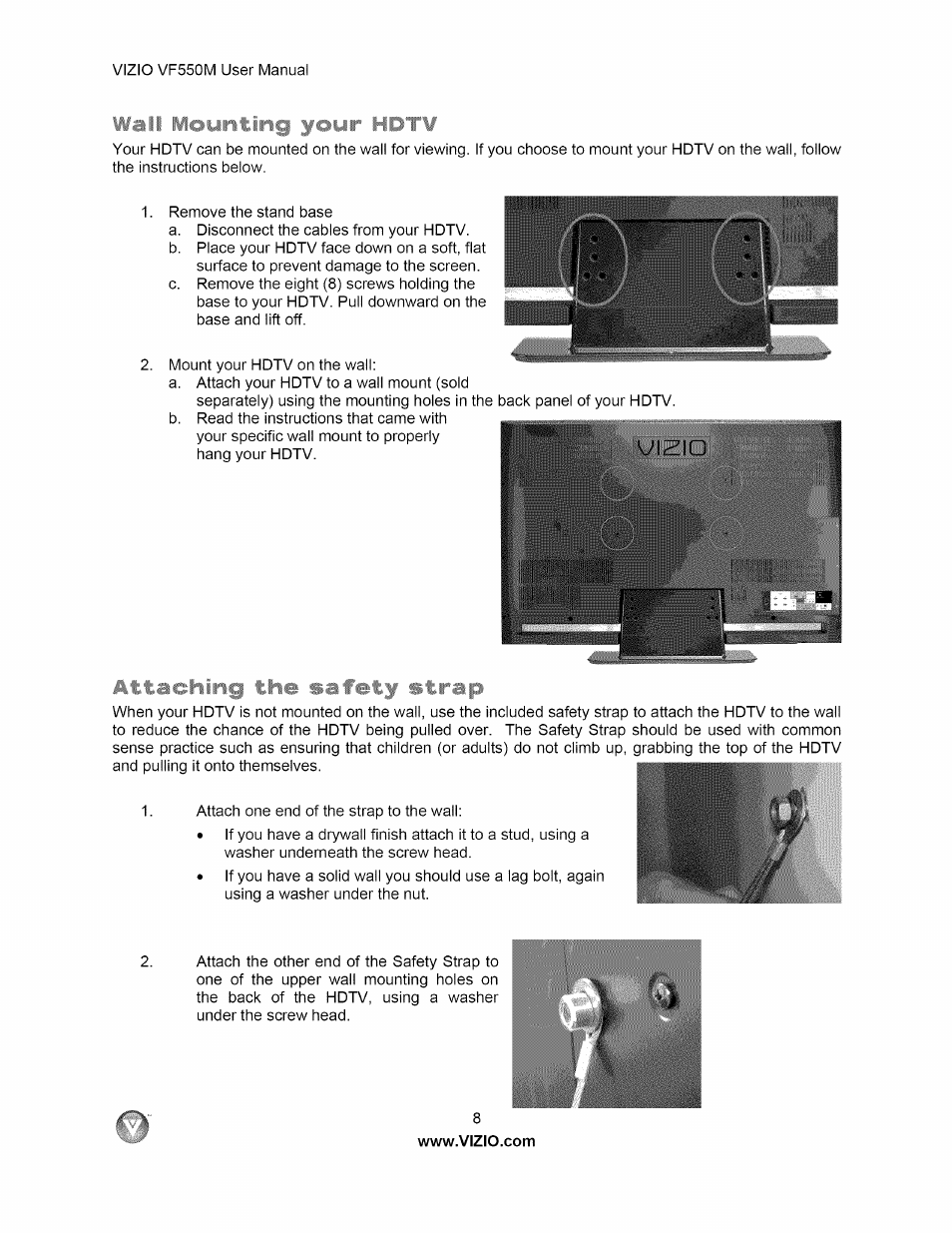 Wall mounting your hdtv, Attaching the safety strap, Wall mounting your hdtv attaching the safety strap | Vizio VF550M User Manual | Page 8 / 57