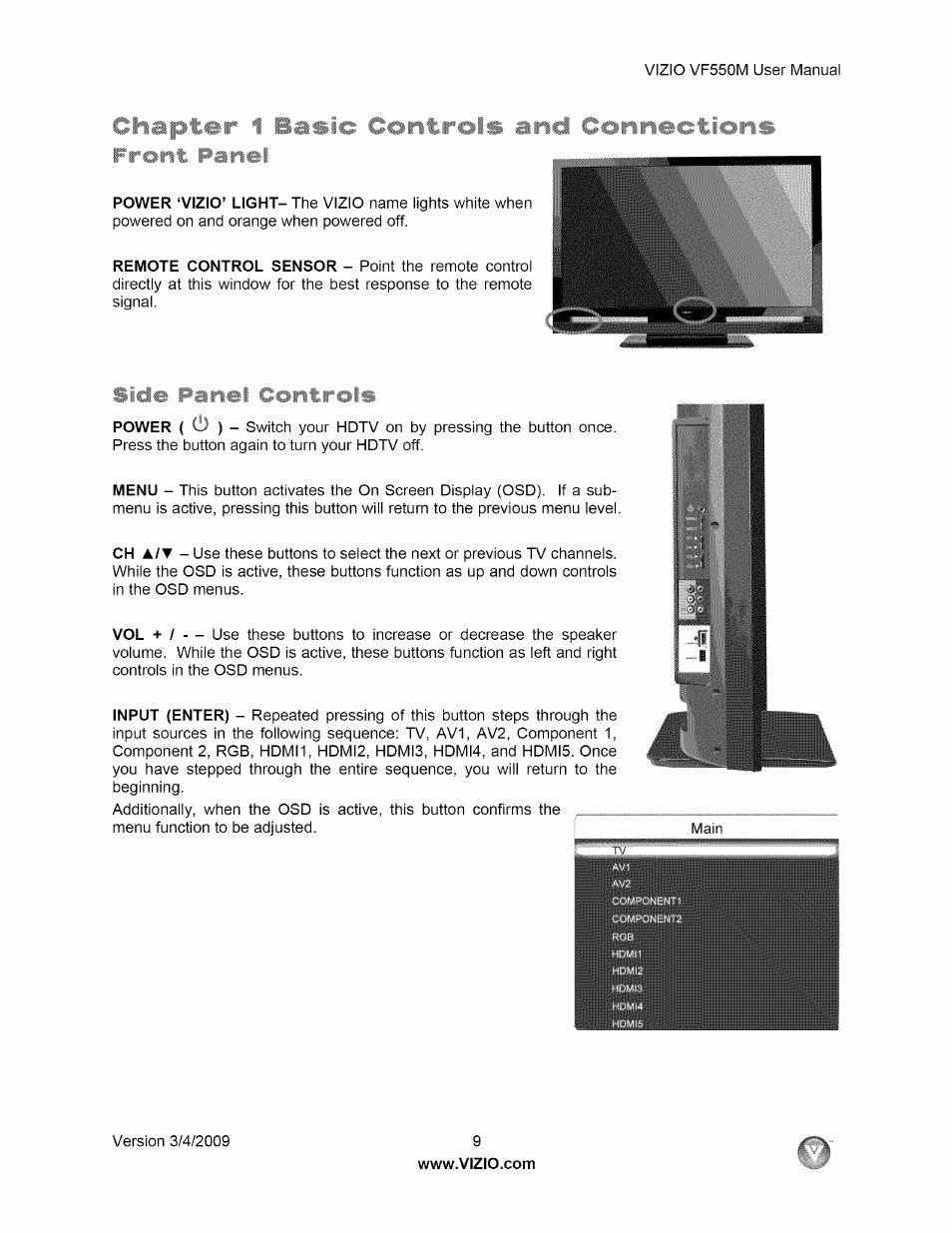 Front panel, Side panel controls | Vizio VF550M User Manual | Page 9 / 57