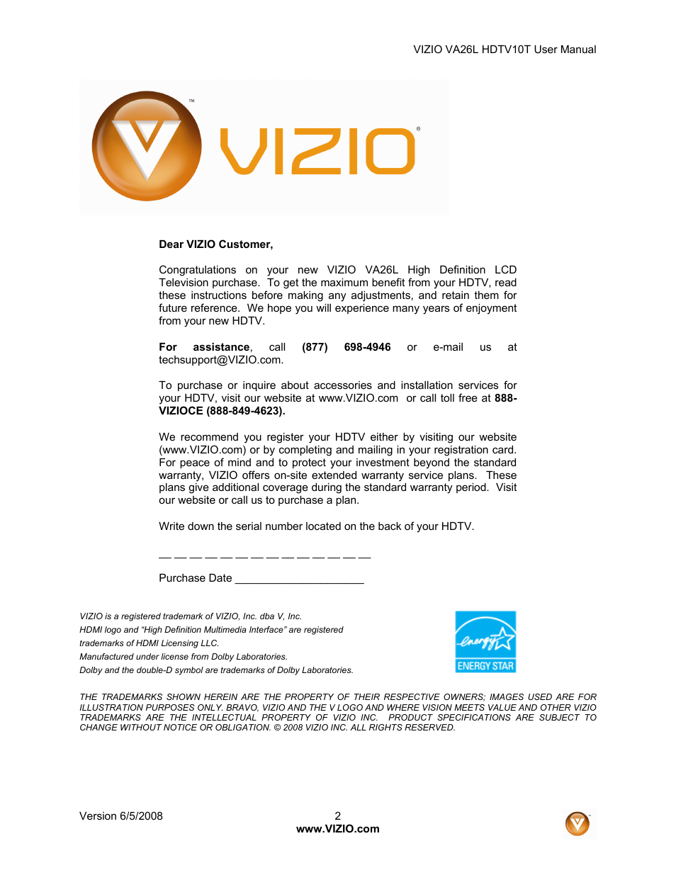 Vizio VA26L User Manual | 70 pages