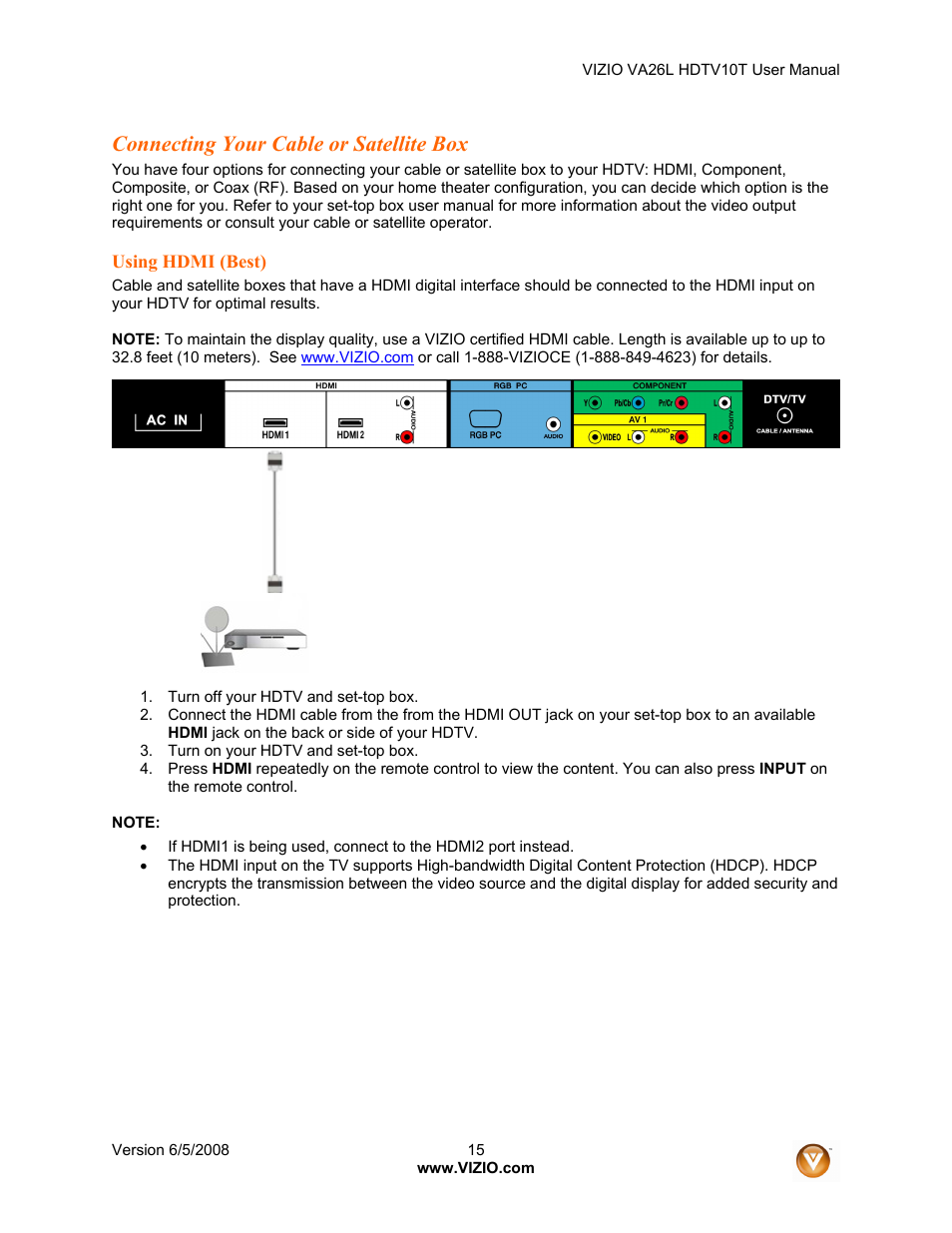 Connecting your cable or satellite box | Vizio VA26L User Manual | Page 14 / 70