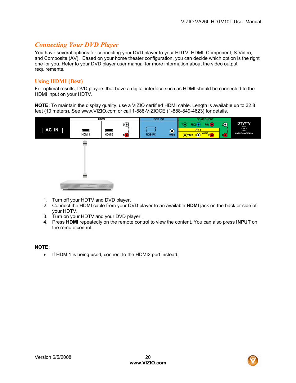 Connecting your dvd player | Vizio VA26L User Manual | Page 19 / 70