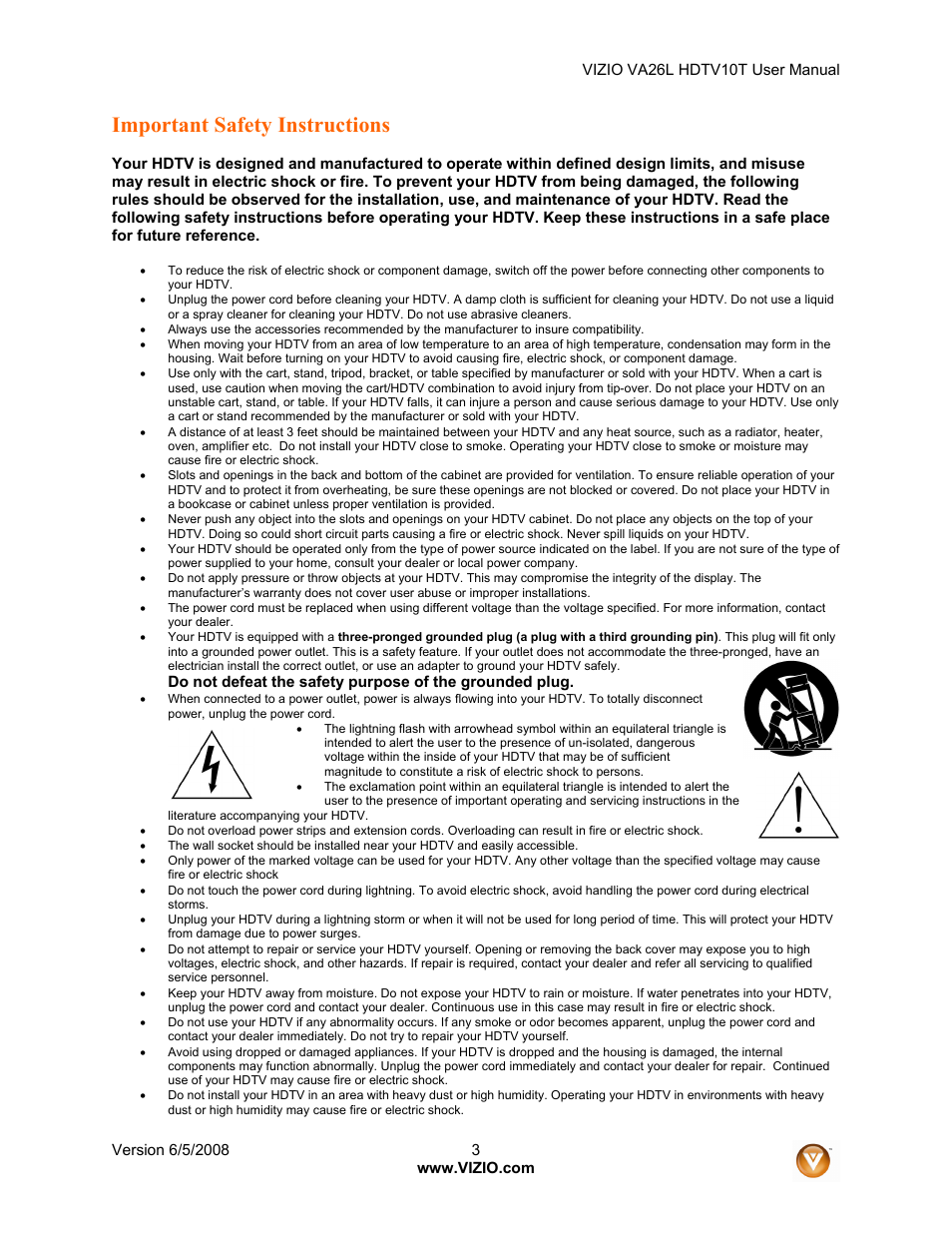 Important safety instructions | Vizio VA26L User Manual | Page 2 / 70
