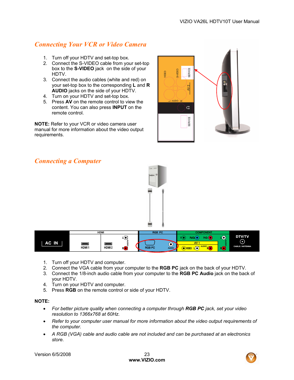 Connecting your vcr or video camera, Connecting a computer | Vizio VA26L User Manual | Page 22 / 70