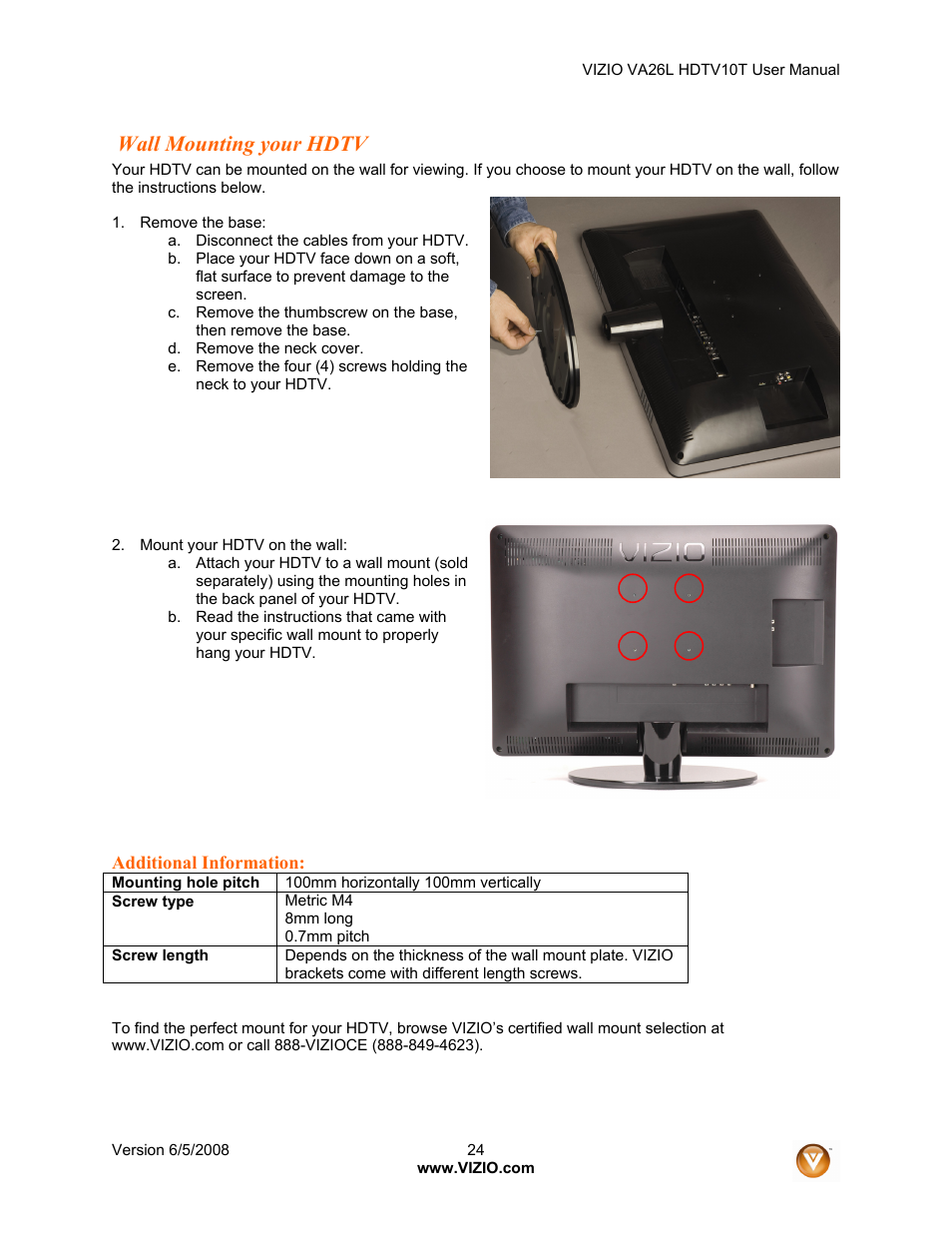 Wall mounting your hdtv | Vizio VA26L User Manual | Page 23 / 70