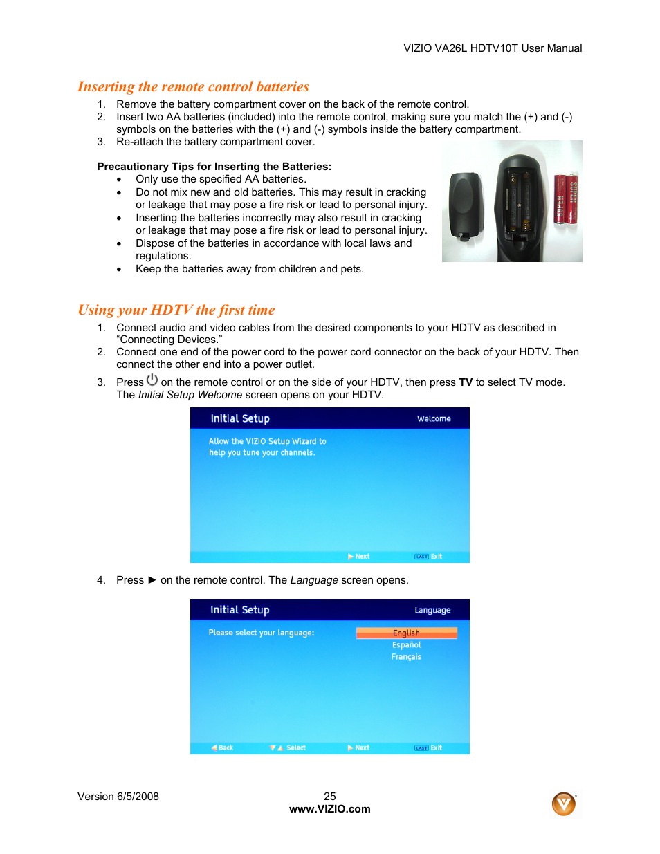 Inserting the remote control batteries, Using your hdtv the first time | Vizio VA26L User Manual | Page 24 / 70