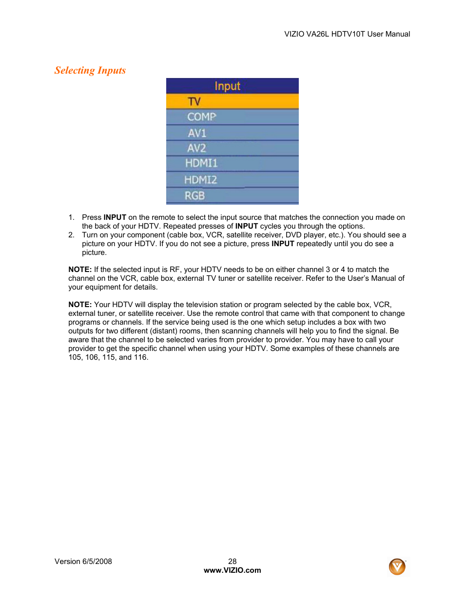 Selecting inputs | Vizio VA26L User Manual | Page 27 / 70