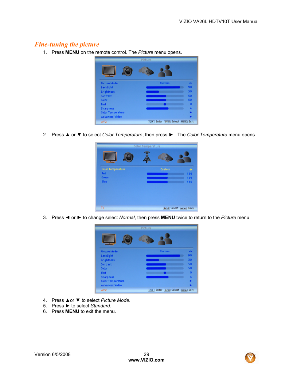 Fine-tuning the picture | Vizio VA26L User Manual | Page 28 / 70