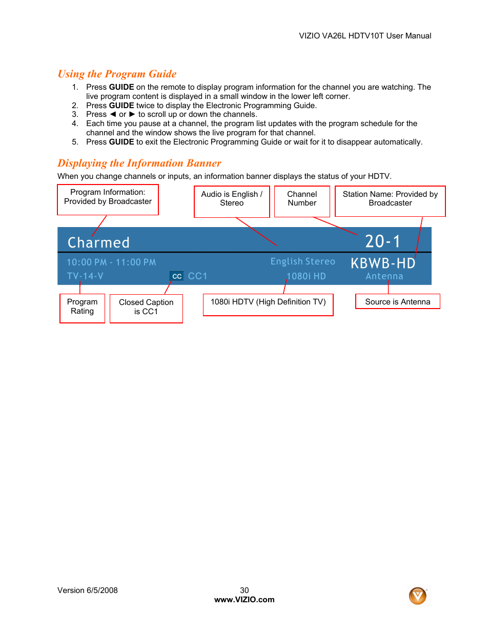 Using the program guide, Displaying the information banner | Vizio VA26L User Manual | Page 29 / 70