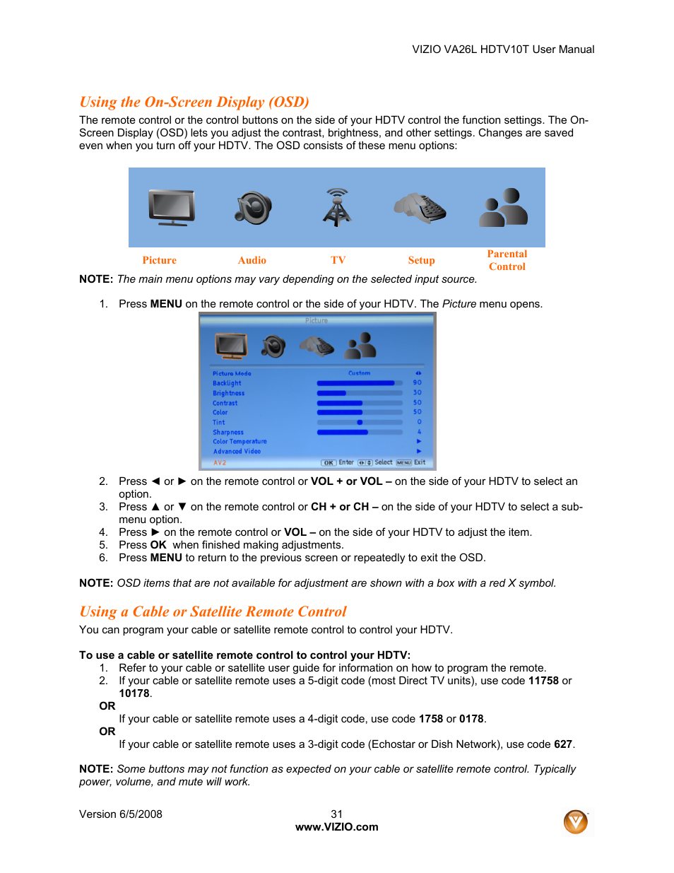 Using the on-screen display (osd), Using a cable or satellite remote control | Vizio VA26L User Manual | Page 30 / 70
