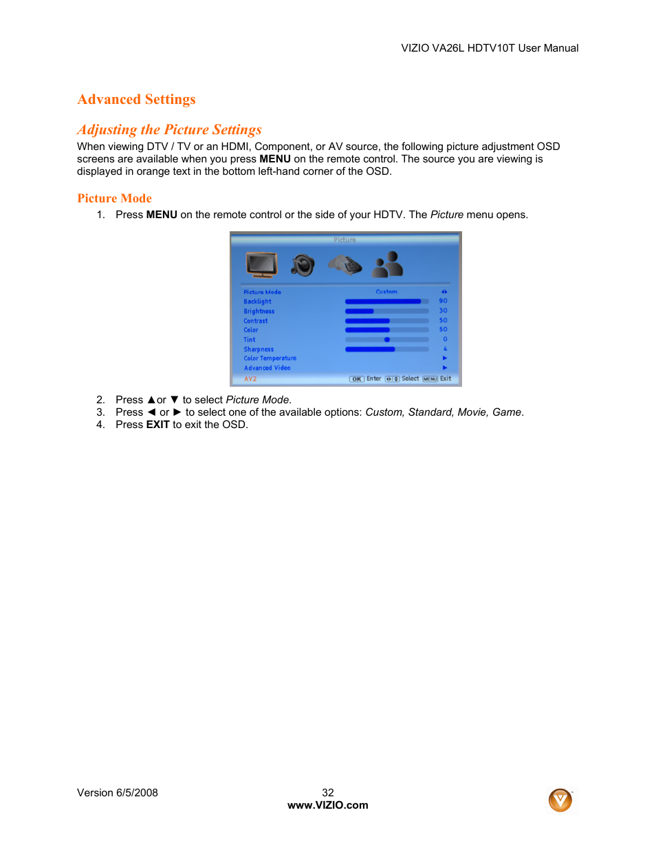 Advanced settings adjusting the picture settings | Vizio VA26L User Manual | Page 31 / 70