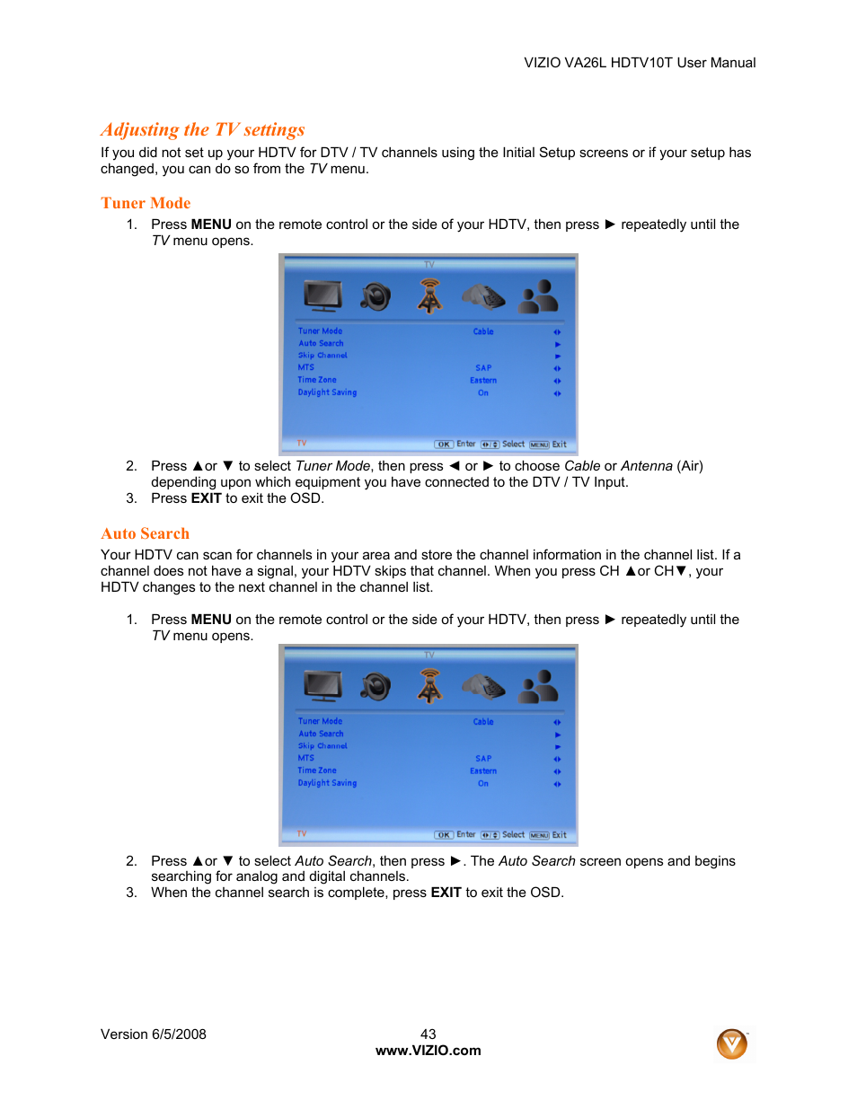 Adjusting the tv settings | Vizio VA26L User Manual | Page 42 / 70