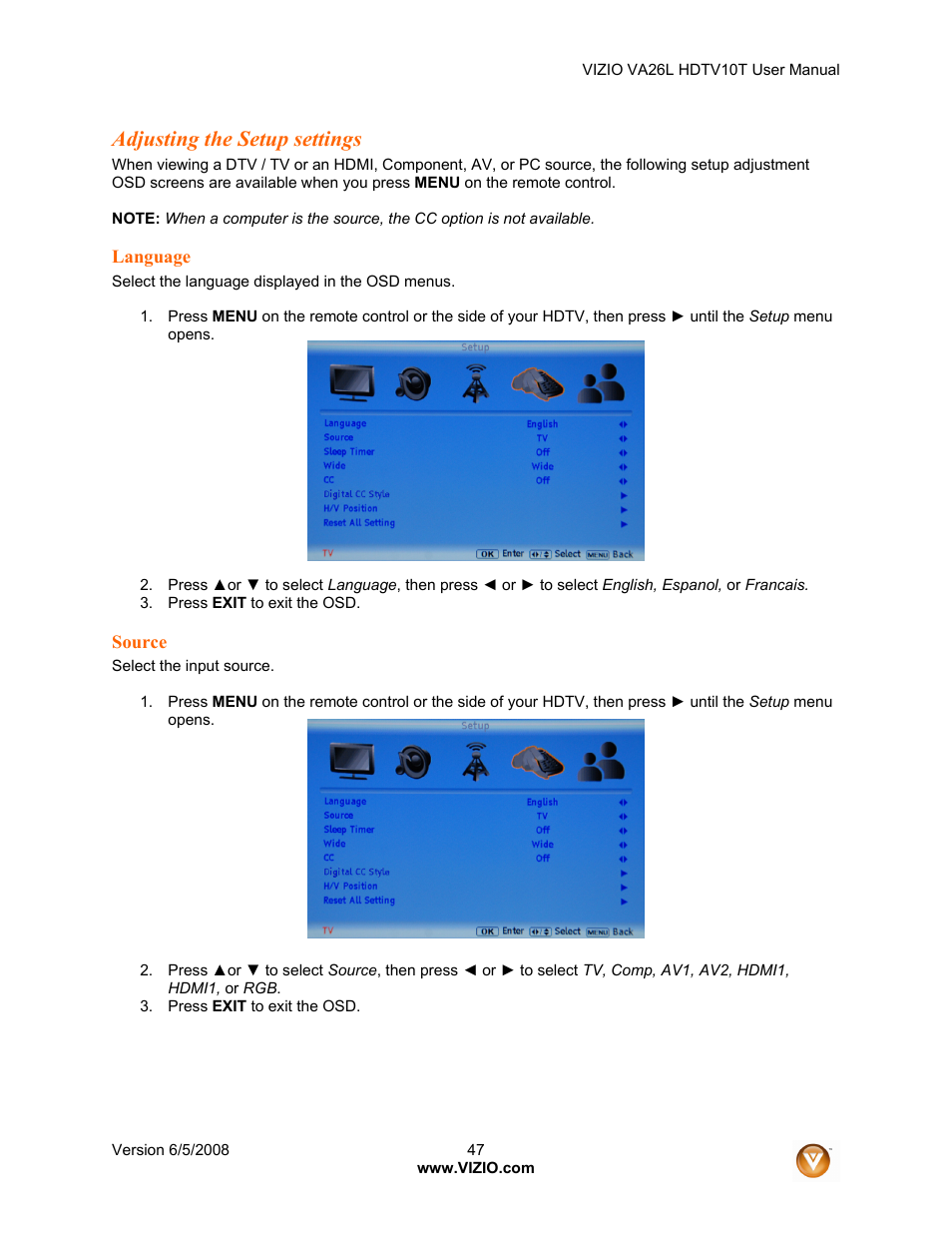 Adjusting the setup settings | Vizio VA26L User Manual | Page 46 / 70