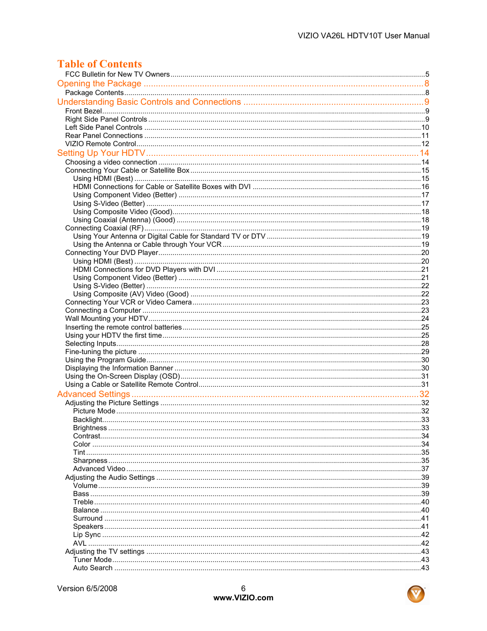 Vizio VA26L User Manual | Page 5 / 70