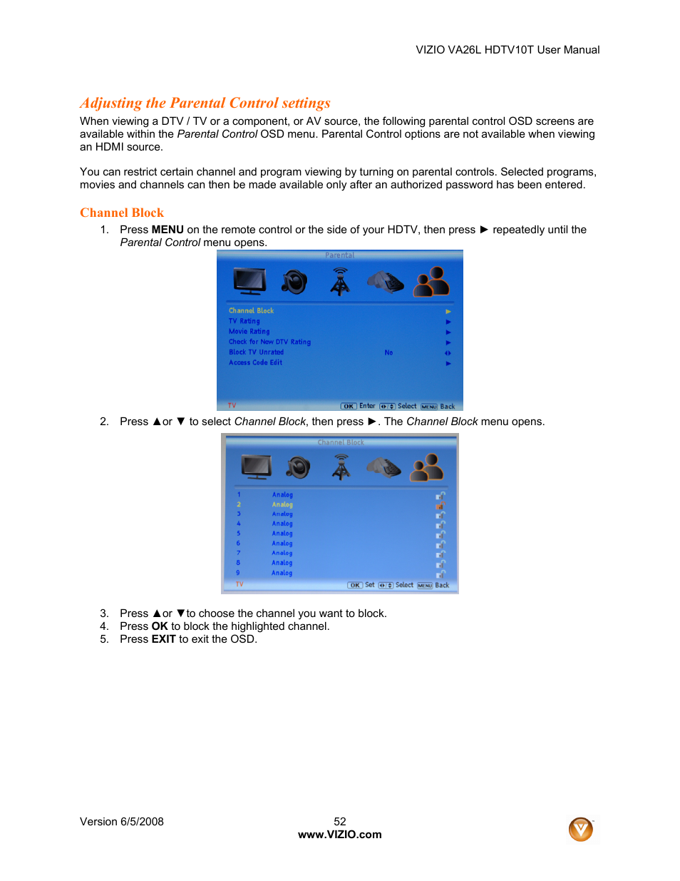 Adjusting the parental control settings | Vizio VA26L User Manual | Page 51 / 70