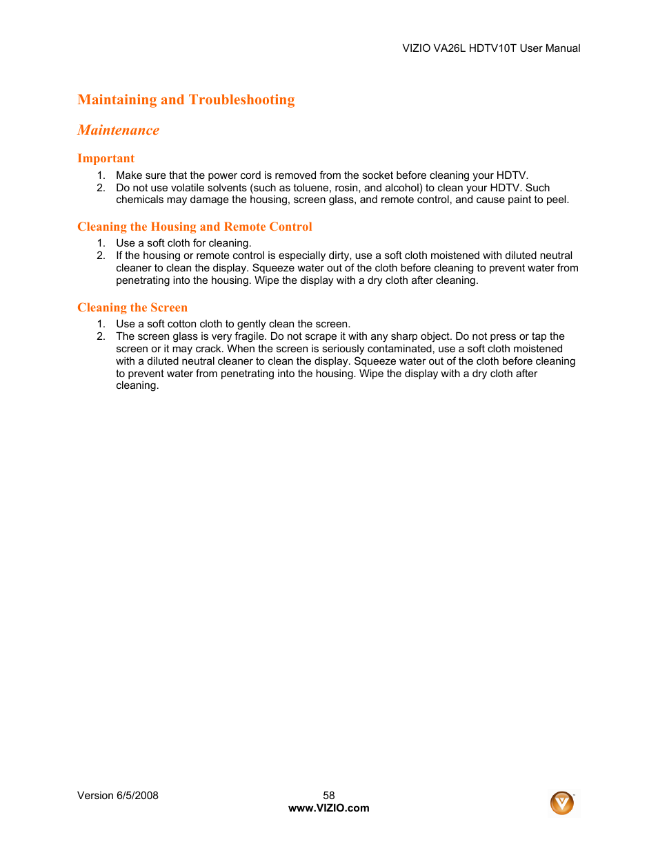 Maintaining and troubleshooting maintenance | Vizio VA26L User Manual | Page 57 / 70