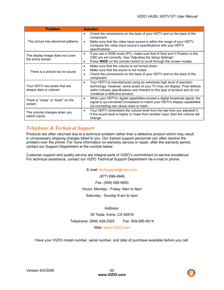 Telephone & technical support | Vizio VA26L User Manual | Page 59 / 70