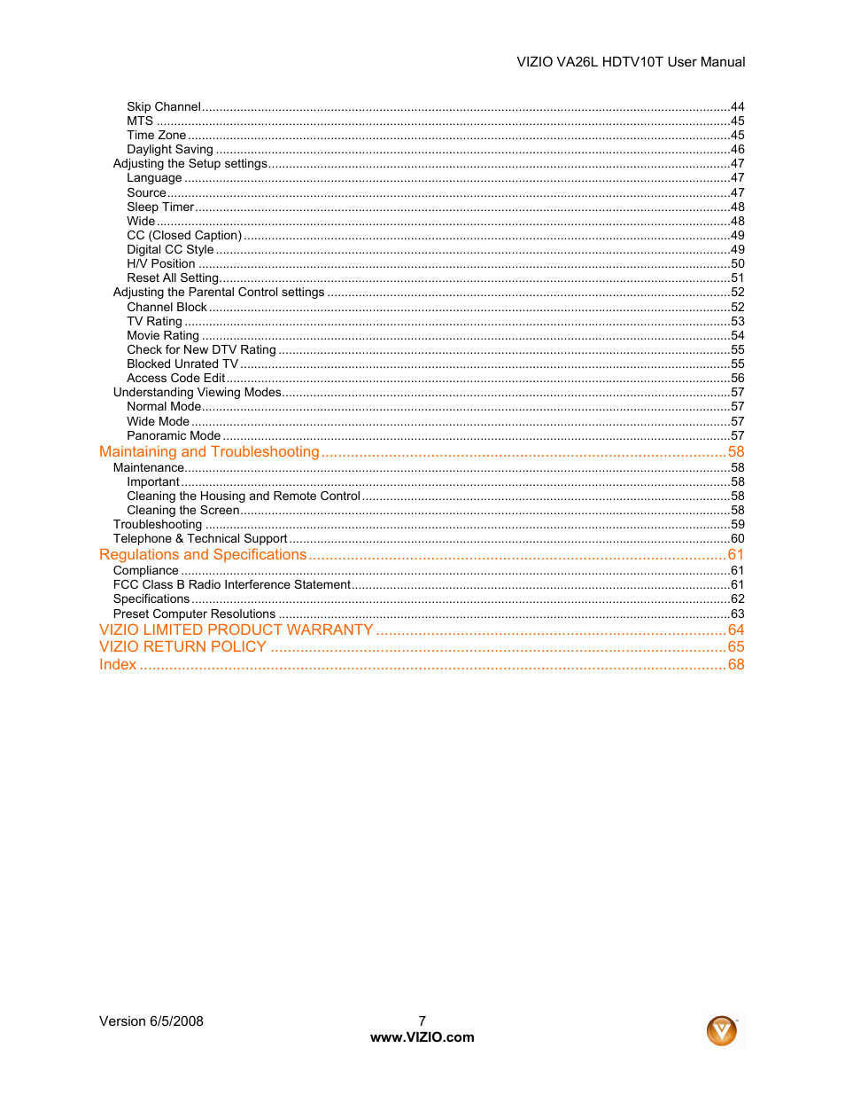 Vizio VA26L User Manual | Page 6 / 70