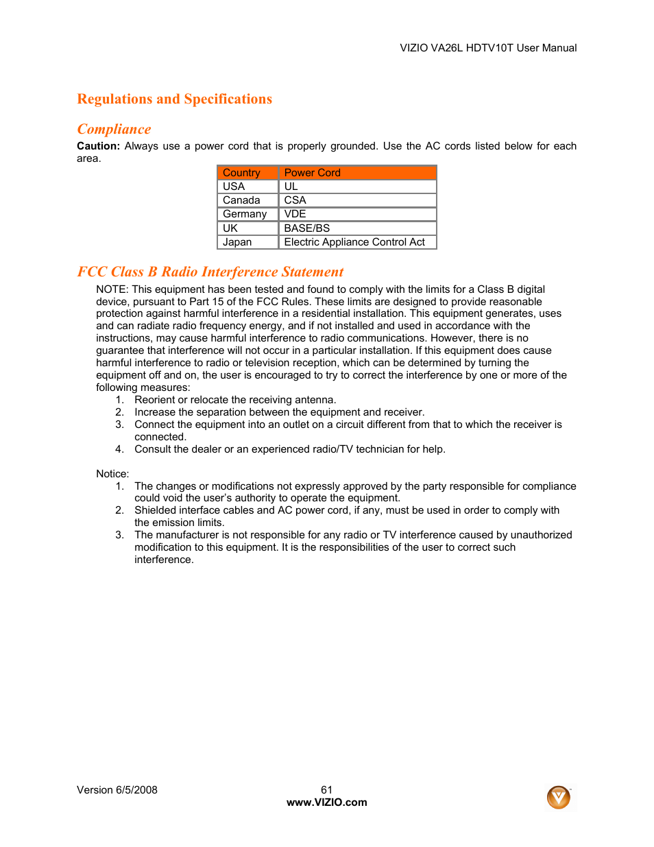Regulations and specifications compliance, Fcc class b radio interference statement | Vizio VA26L User Manual | Page 60 / 70