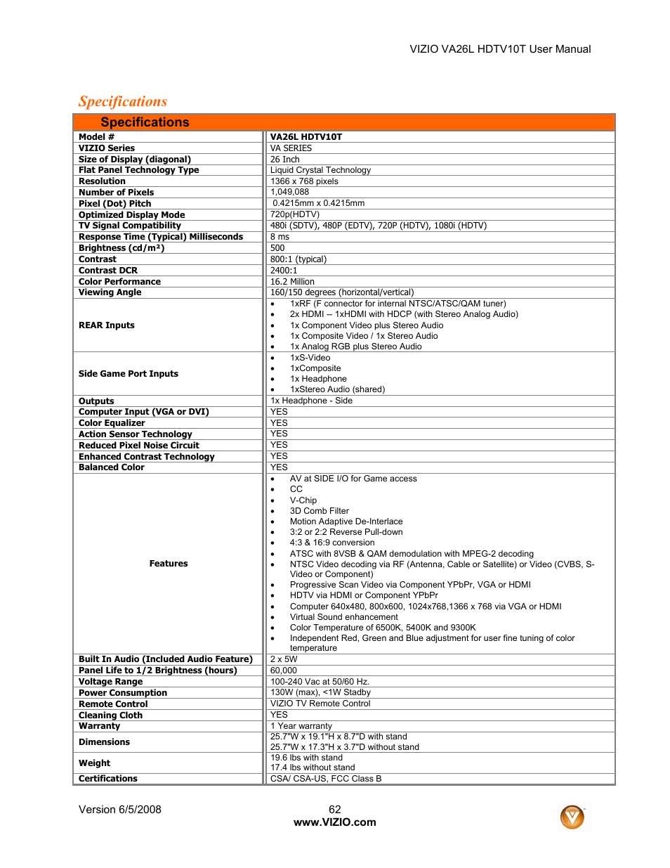 Specifications | Vizio VA26L User Manual | Page 61 / 70