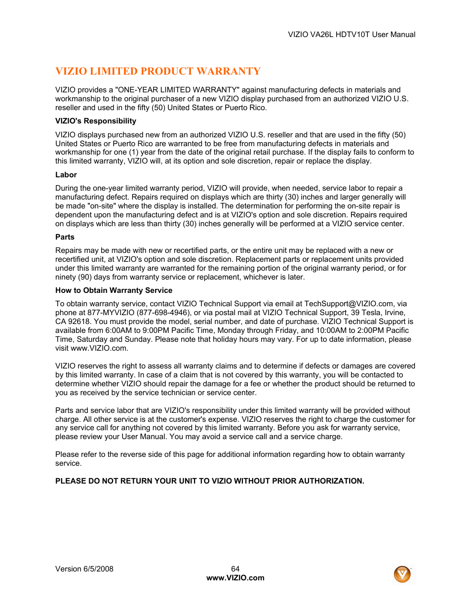 Vizio limited product warranty | Vizio VA26L User Manual | Page 63 / 70