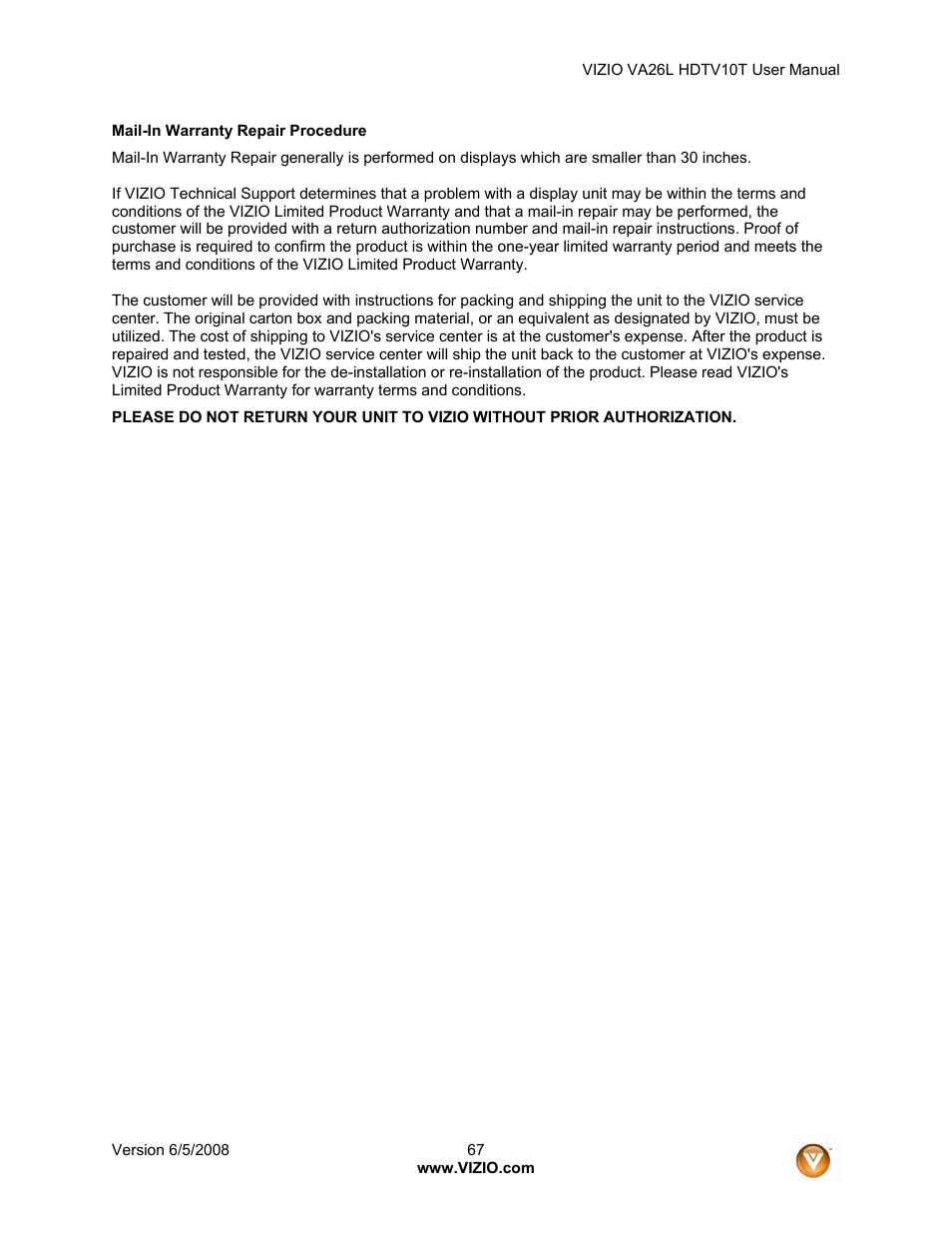 Vizio VA26L User Manual | Page 66 / 70