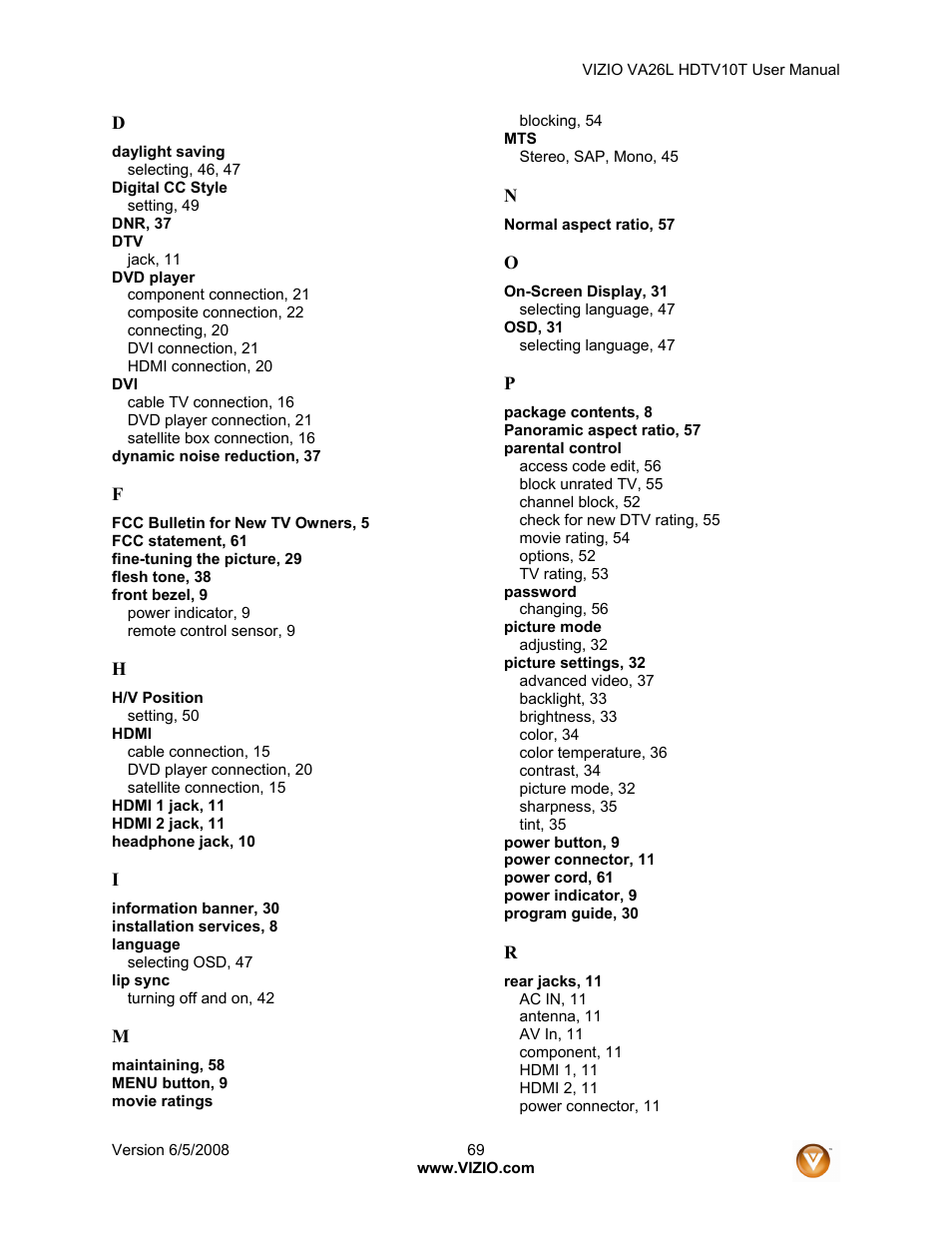 Vizio VA26L User Manual | Page 68 / 70