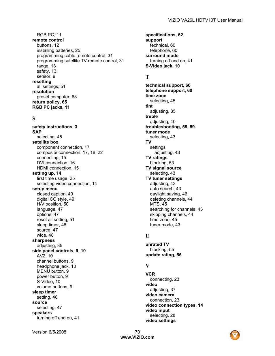 Vizio VA26L User Manual | Page 69 / 70