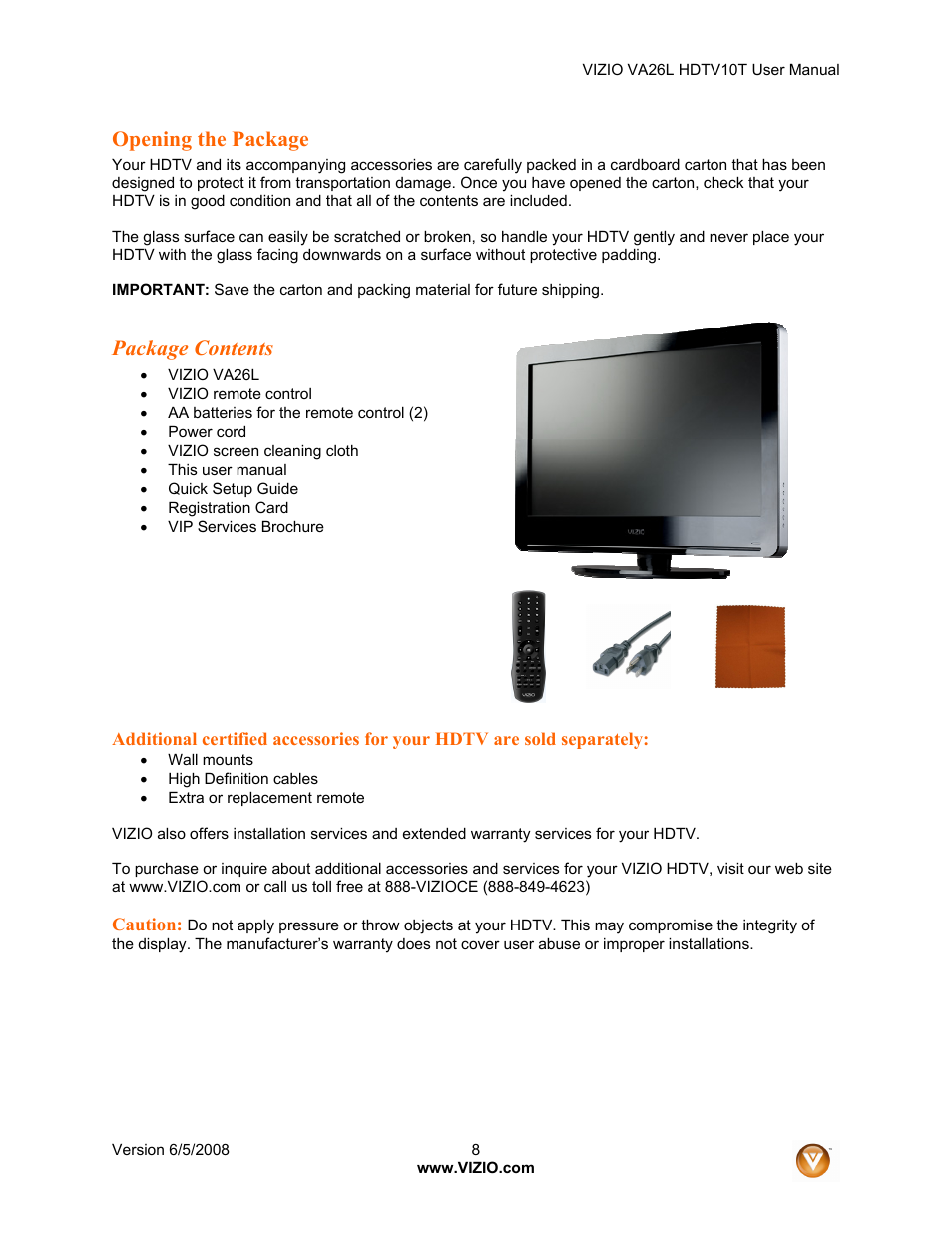 Opening the package, Package contents | Vizio VA26L User Manual | Page 7 / 70