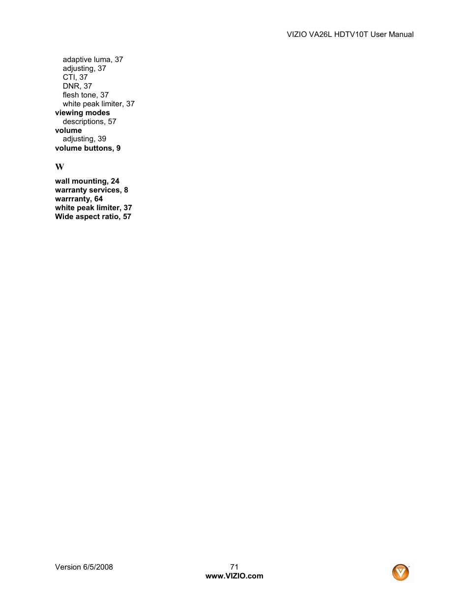Vizio VA26L User Manual | Page 70 / 70