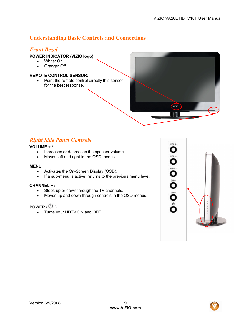 Right side panel controls | Vizio VA26L User Manual | Page 8 / 70