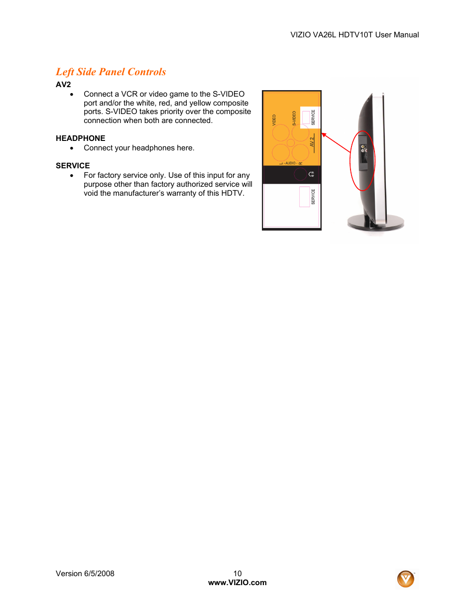 Left side panel controls | Vizio VA26L User Manual | Page 9 / 70