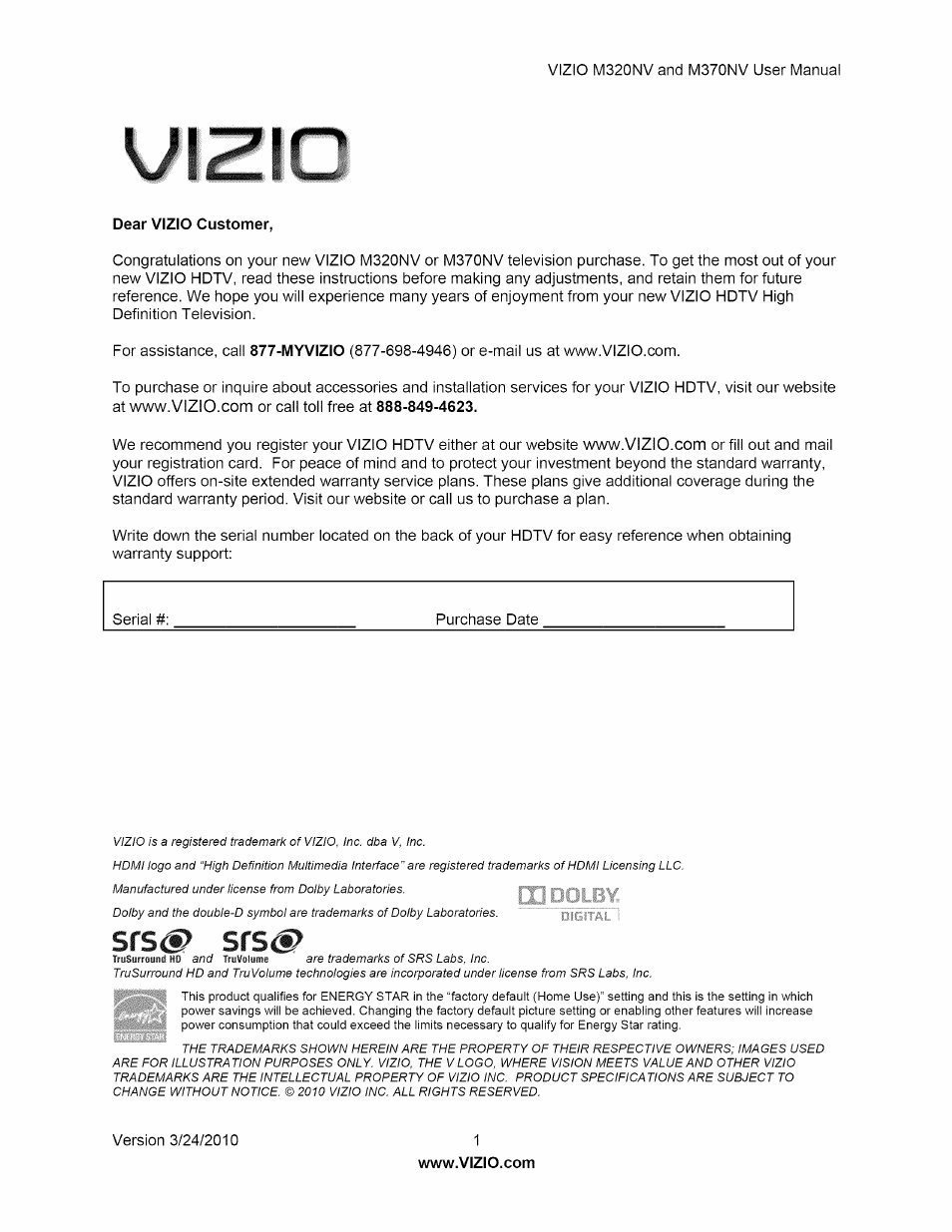 Vizio M320NV User Manual | 63 pages